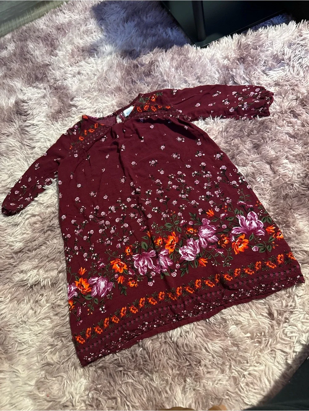 Old Navy Burgundy Floral Border-Print Long Sleeve Dress